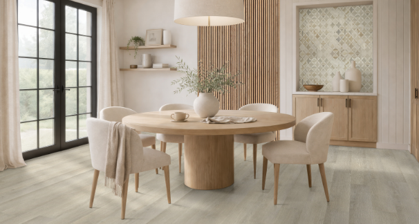 Dining space featuring Ackland tile and wall panels